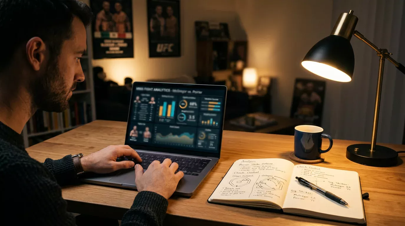 Pantalla de ordenador mostrando estadísticas de peleadores de UFC junto a un cuaderno de notas con análisis escrito a mano