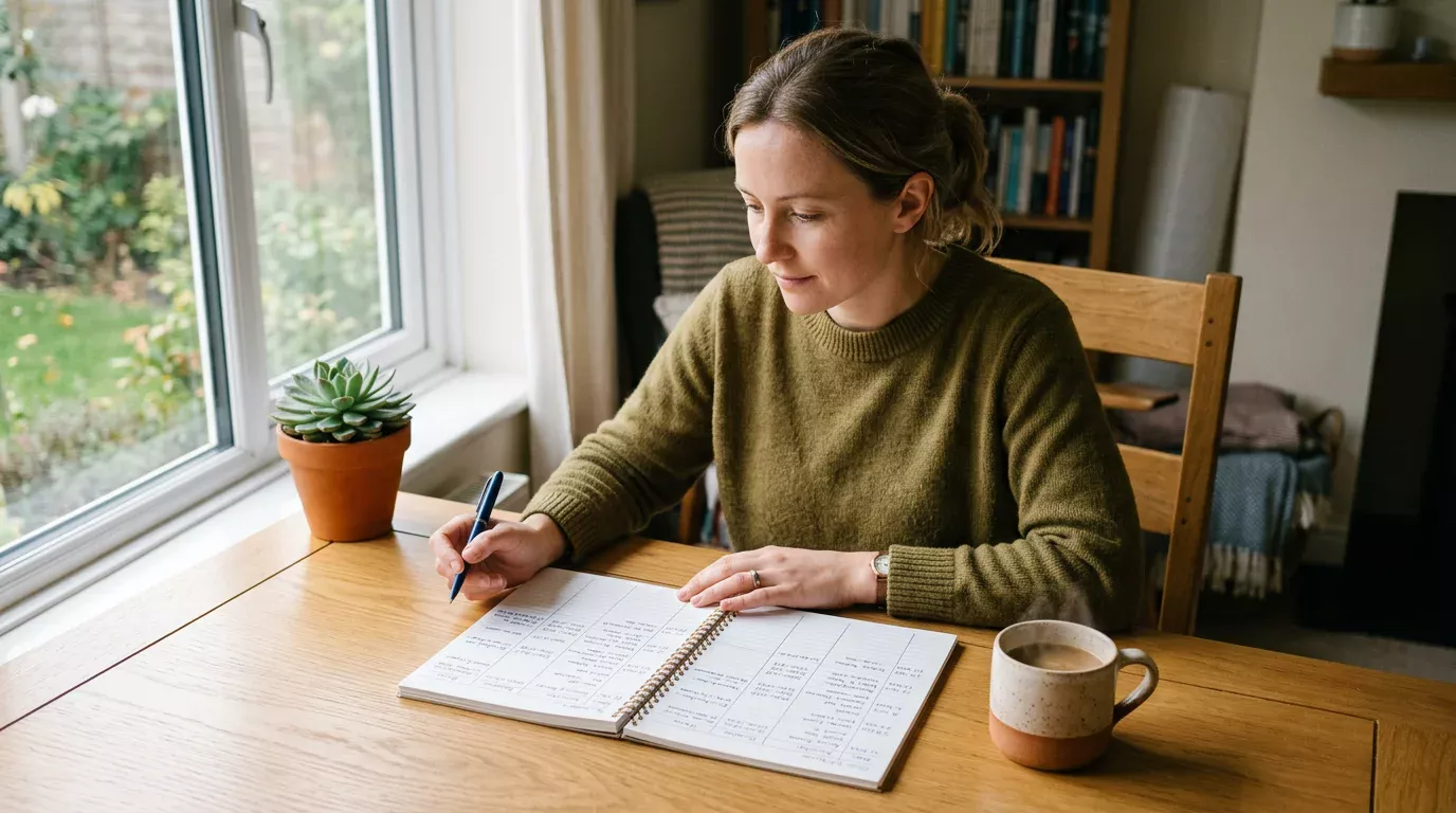 Persona revisando con calma un registro de apuestas en un cuaderno junto a una taza de café en un escritorio ordenado
