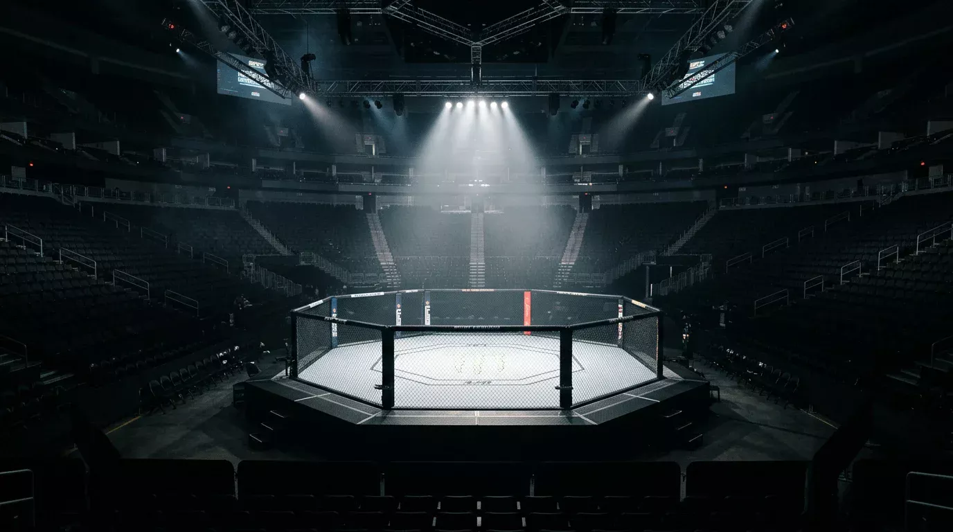Octágono de UFC iluminado durante un evento con miles de espectadores en la arena
